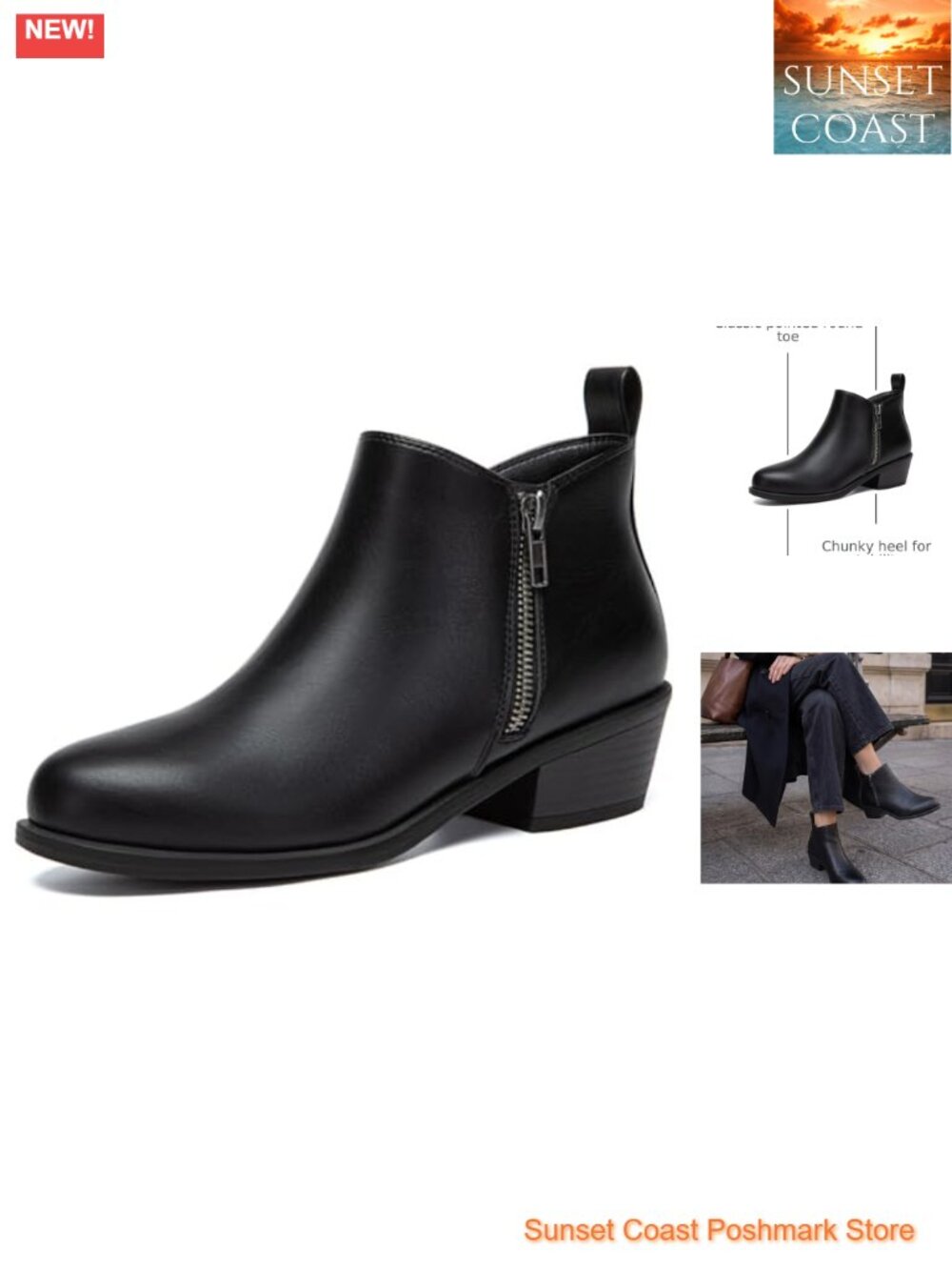 Chunky Low Heel Ankle Boots Side Zipper PU Leather Women's Booties